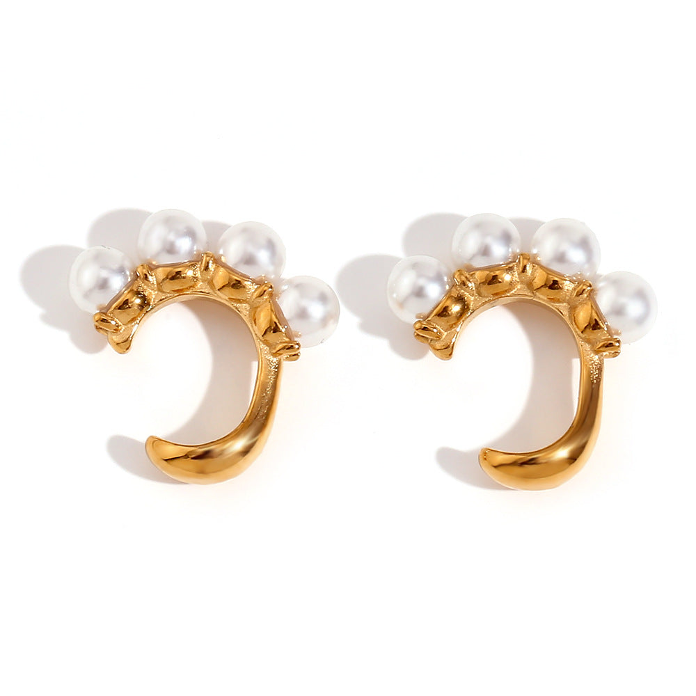 Fashion Vintage Geometric Stainless Steel 18K Gold Plated Four Pearl U-Shape Clip-On Earrings for Women