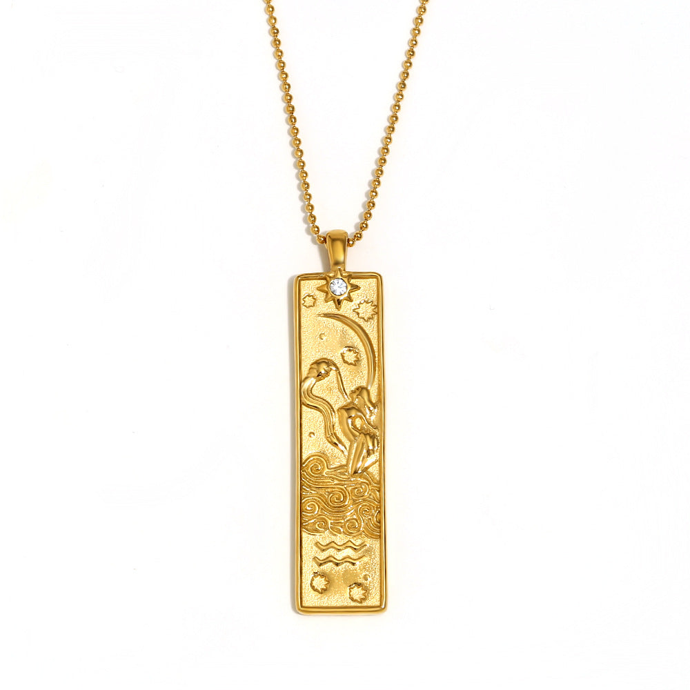 Vintage Geometric Zodiac Pendant Necklace for Women Stainless Steel with 18K Gold Plating Square Charm