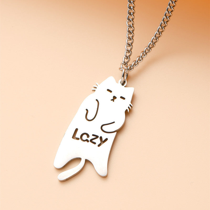 Minimalist Geometric Cat Pendant Necklace in Stainless Steel with Polished Titanium Steel Charm for Unisex Everyday Wear