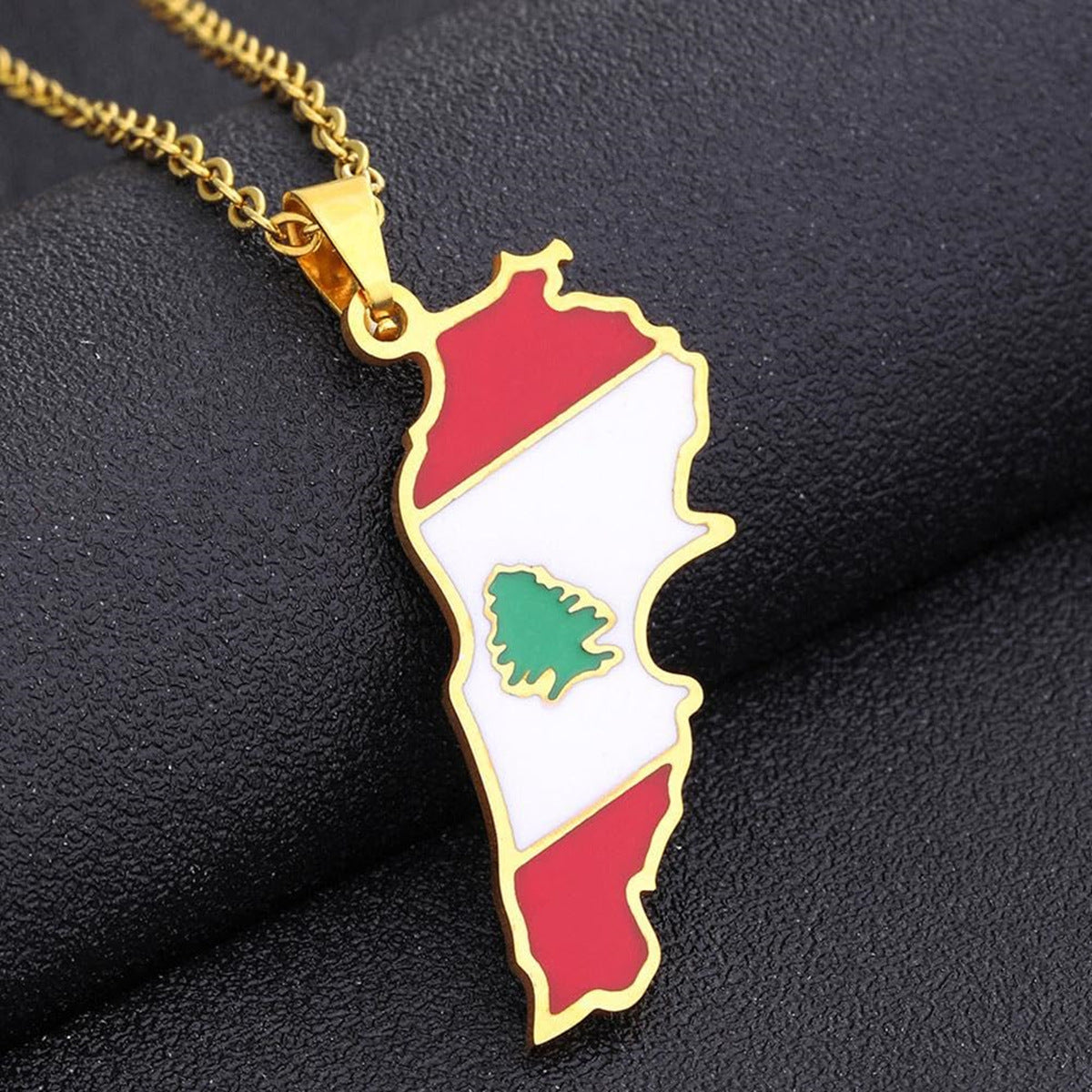 Minimalist Geometric Lebanon Map and Flag Pendant Necklace in Titanium Steel with Enamel Finish for Unisex