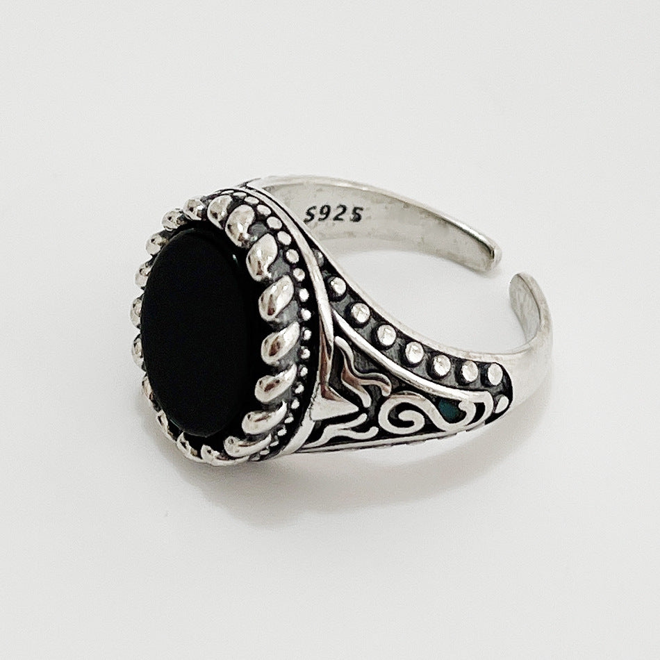 Anello Aperto Vintage in Argento Sterling 925 Lucidato con Agata Nera Dolce