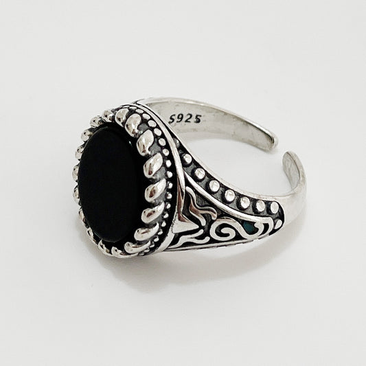 Anello Aperto Vintage in Argento Sterling 925 Lucidato con Agata Nera Dolce