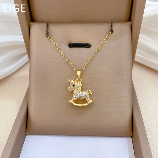 Sweet Geometric Moon Rhinestone Plated Titanium Steel Necklace with Brass Pendant Cable Chain for Unisex