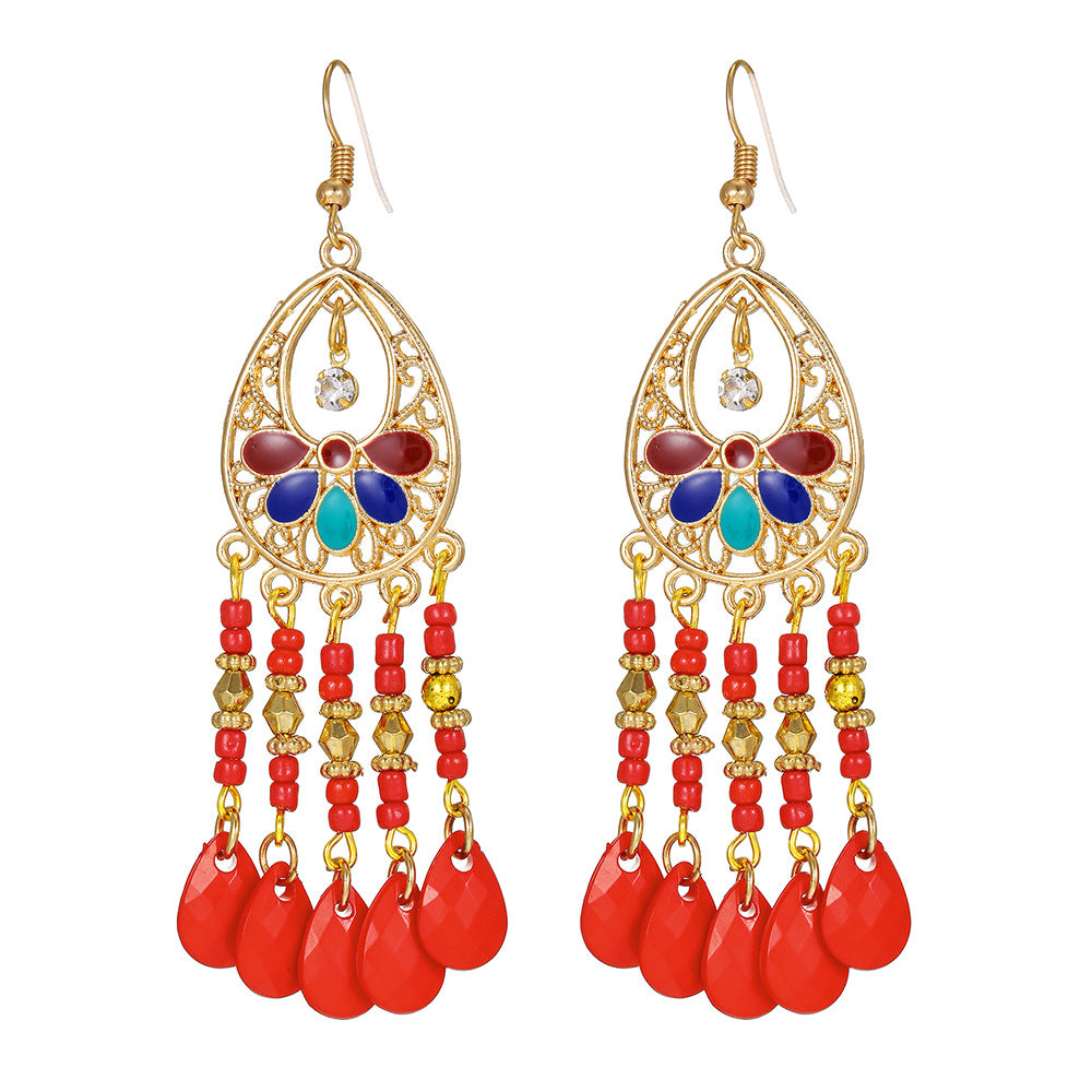 Vintage Bohemian Ethnic Geometric Round Alloy Plated Tassel Earrings for Women