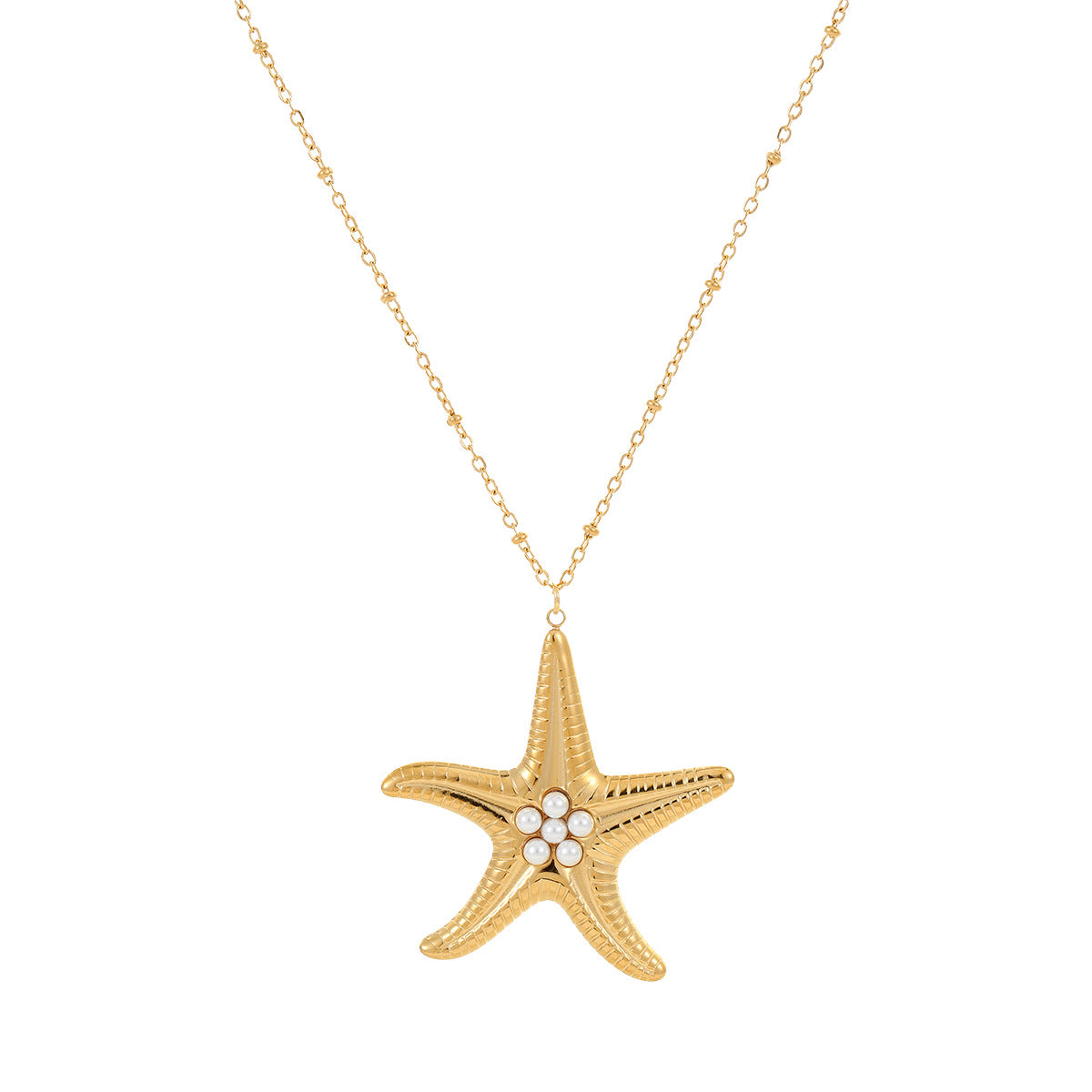 Conjunto de collar, anillo y pendientes de perlas con diseño de estrellas de mar, inspirados en el océano, de acero inoxidable con baño de oro para mujer
