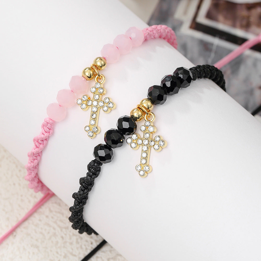 Geometric Cross Crystal Inlay Alloy Glass Bead Bracelet
