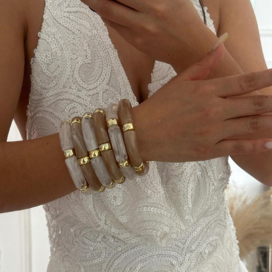 Juego de pulseras de bambú de resina con gota de aceite elegante, vintage y minimalista para mujer