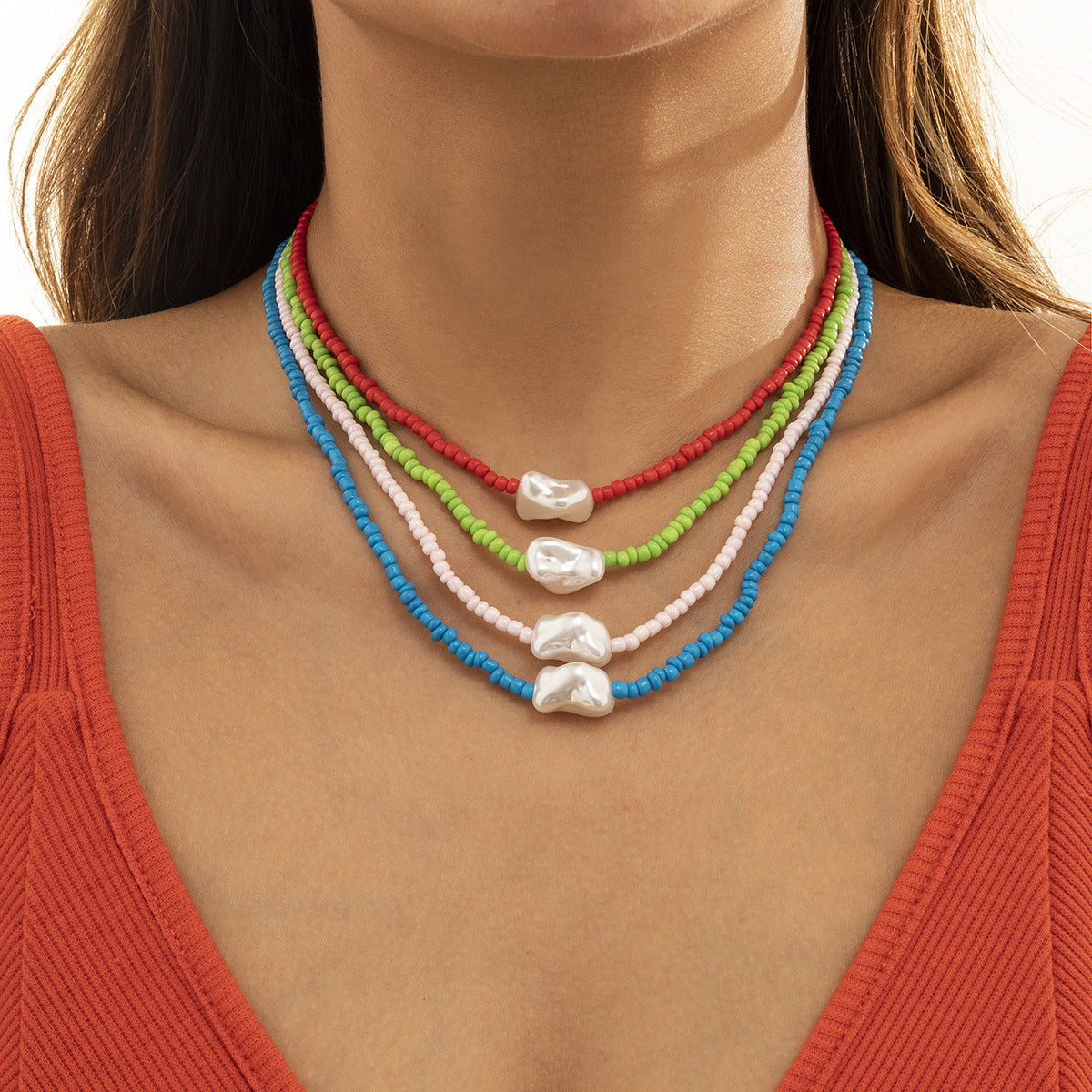 Vintage Minimalist Geometric Imitation Pearl Woven Beaded Necklace