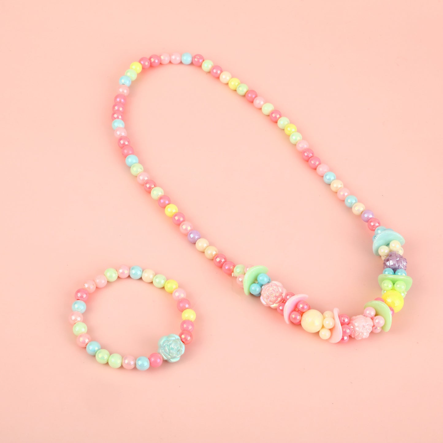 Cartoon Unicorn Pendant Necklace Set with Colorful Dopamine Beads for Kids, Resin Animal Charm on Round Bead Chain, Princess Style Children's Jewelry