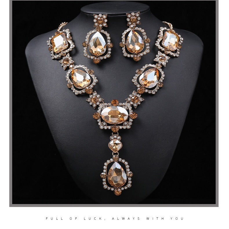 Exaggerated Vintage Alloy Necklace and Earring Set with Artificial Gemstone Inlay and Ruyi Lock Pendant for Women