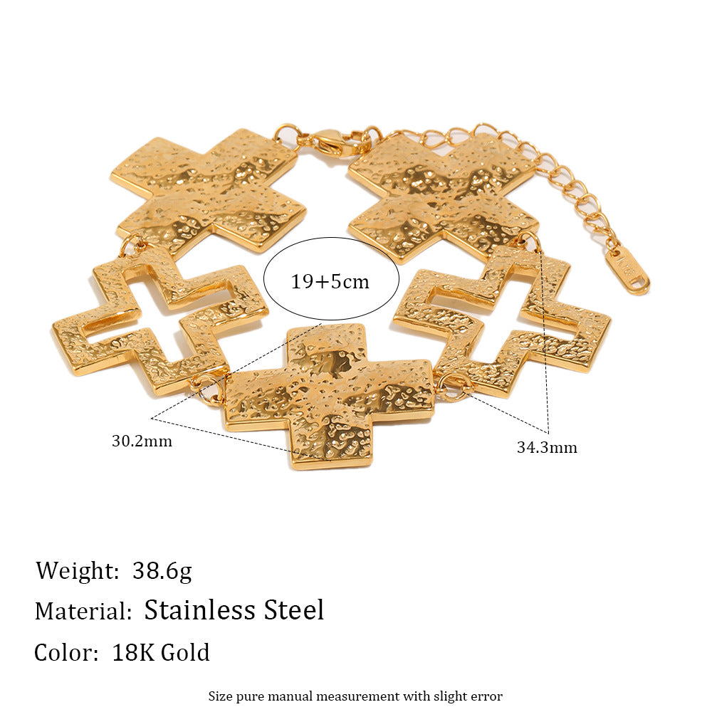 Elegant 18K Gold Plated Hammered Geometric Cross Bracelet for Women