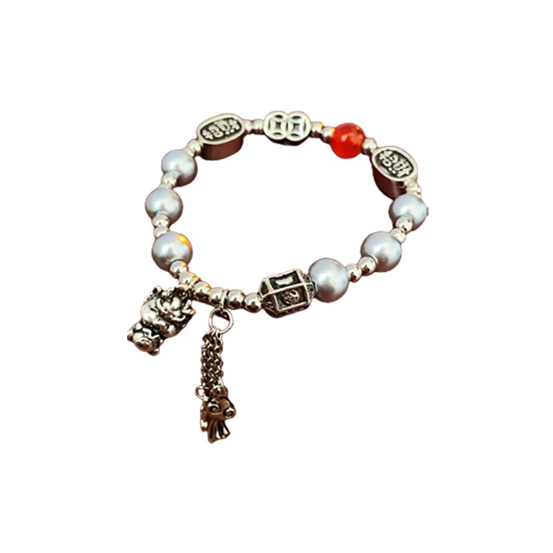 Bracciale da donna personalizzato a forma di drago in smalto con carattere "Fu" e perla, accessorio festivo di Capodanno in lega galvanizzata