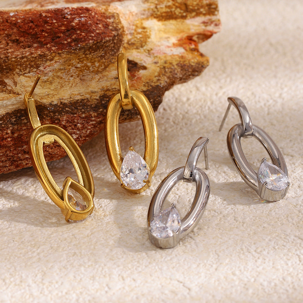 Minimalist Luxury 18K Gold Plated Stainless Steel Oval Teardrop Geometric Cubic Zirconia Earrings for Women