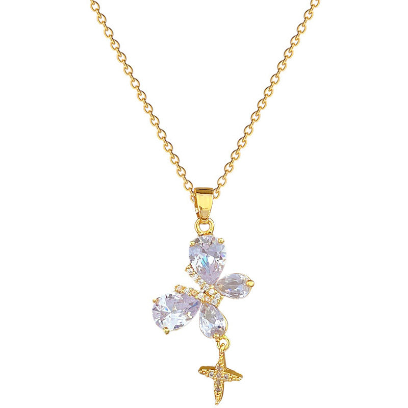 Minimalist Butterfly Pendant Necklace in Titanium Steel with Rhinestone Inlay for Women and Men