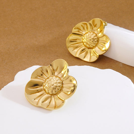 Pendientes minimalistas de acero inoxidable chapados con diseño floral para mujer