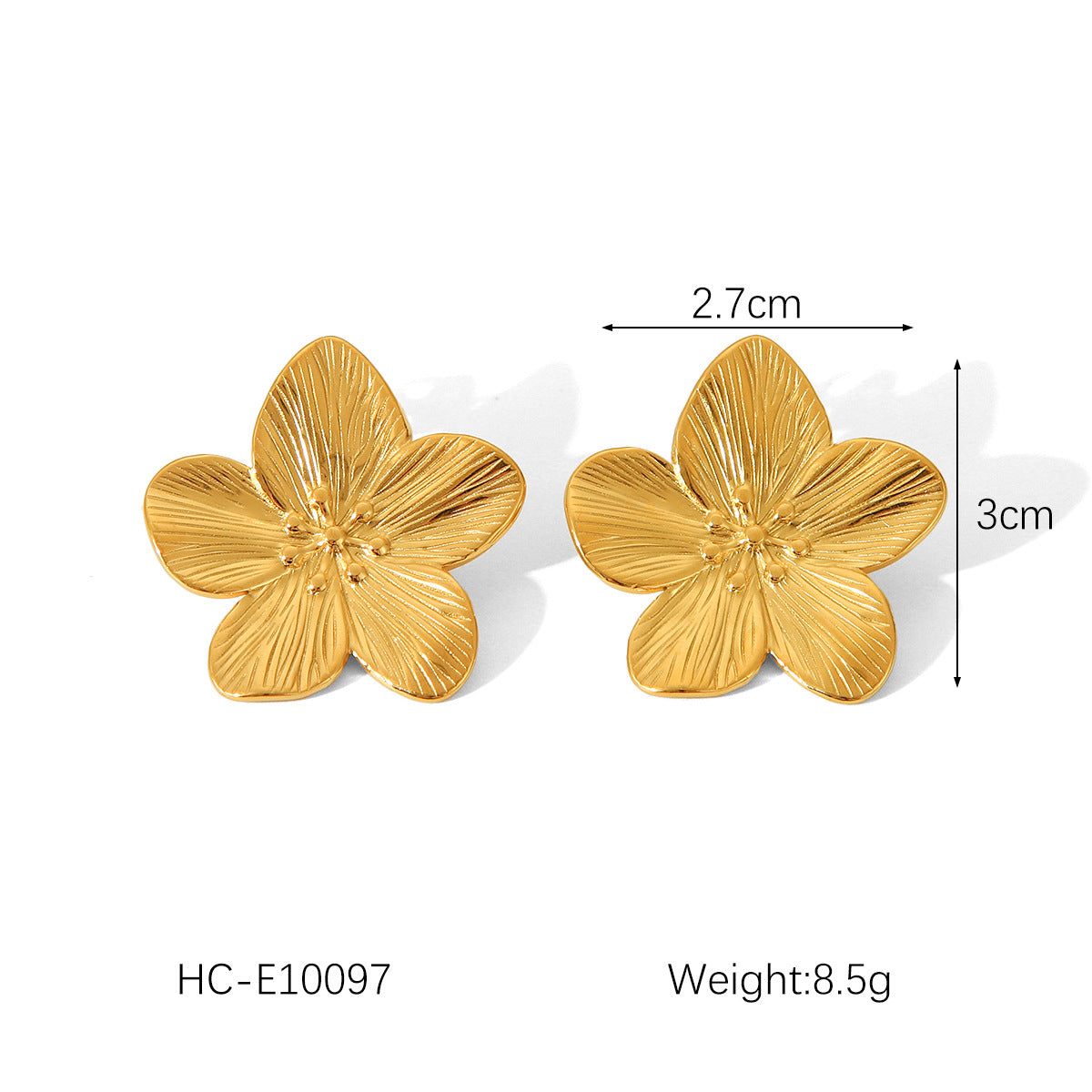Fashion 18K Gold Plated Textured Five-Petal Flower Stainless Steel Stud Earrings for Women