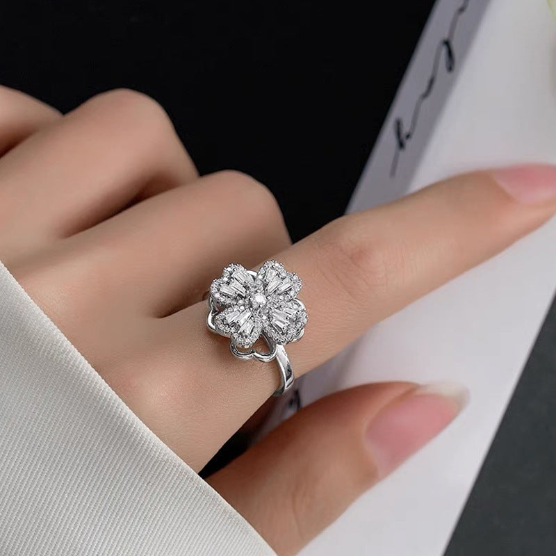 Luxury Minimalist Adjustable Open Ring for Women with Gold-Plated Copper Band and Zircon Stone Accent in Heart and Floral Shape