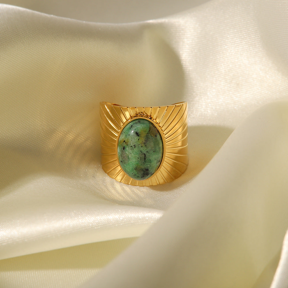 Vintage Oval Turquoise-Inlaid Stainless Steel Wide Band Open Ring for Women Geometric Shape Statement Jewelry