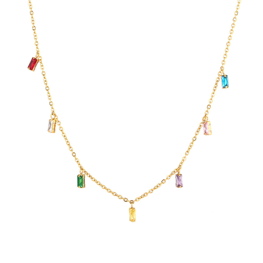 Minimalist Geometric Square Colored Zircon Pendant Necklace in Titanium Steel with Plated Finish for Women