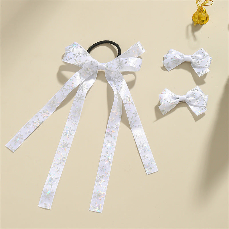Pinzas para el pelo y gomas de pelo con diseño minimalista de lazos y copos de nieve para niños, accesorios para el pelo de tela blanca con temática navideña