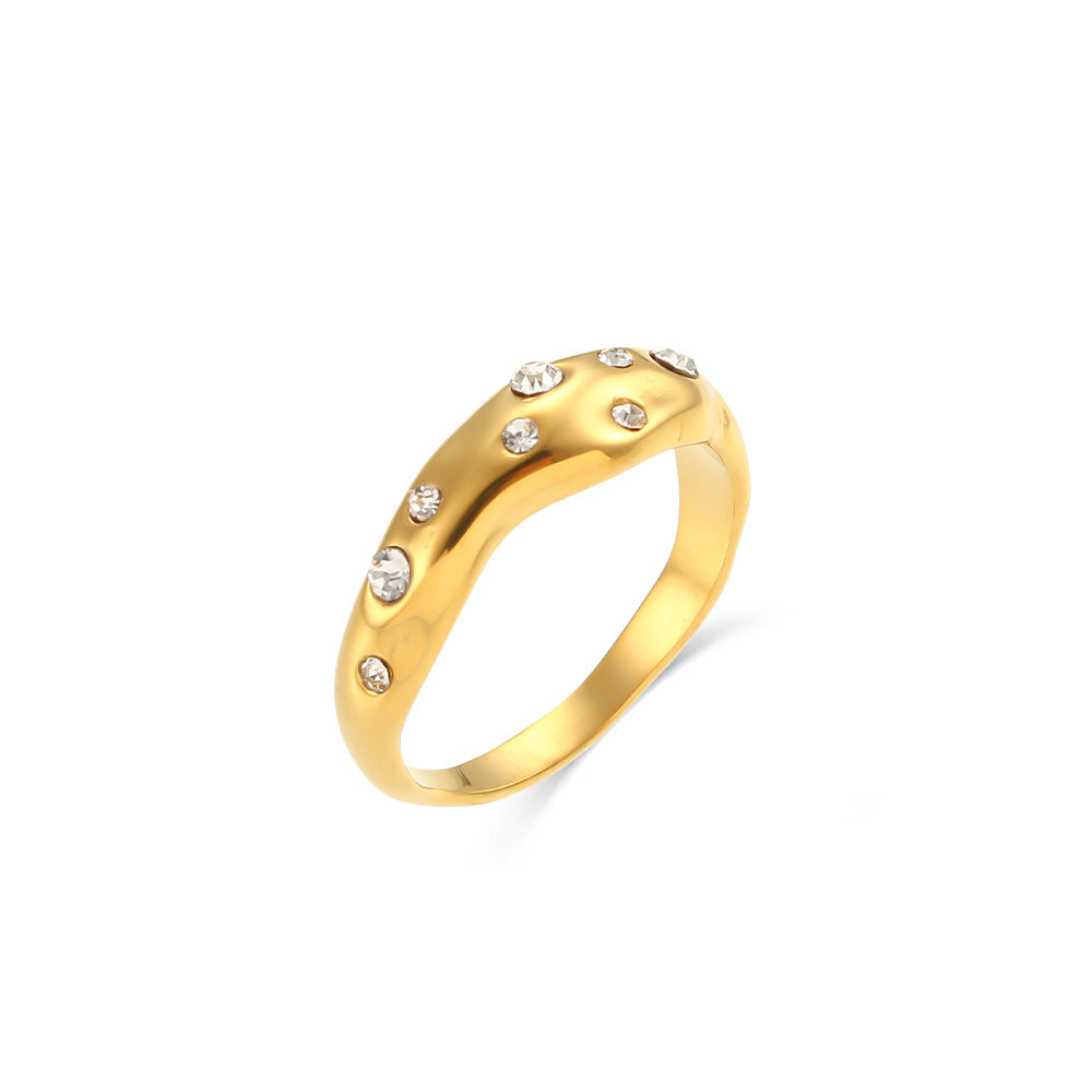 Minimalist Geometric Stainless Steel Ring with 18K Gold Plating and Irregular Zircon Inlay for Women