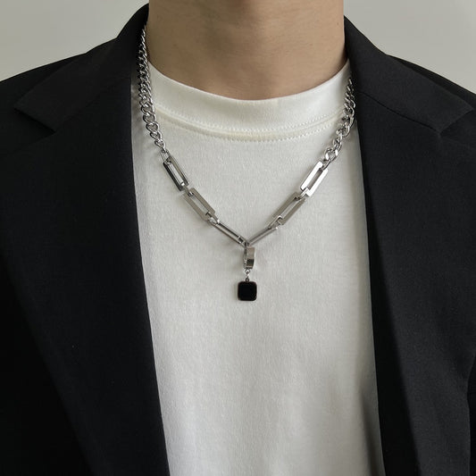 Minimalist U-Shaped Titanium Steel Necklace with Polished Finish for Men and Women, Versatile Detachable Ear Stud and Cuban Link Clavicle Chain