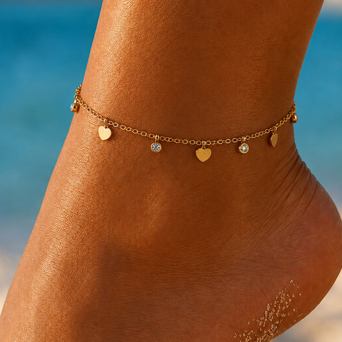 Luxury 18K Gold Plated Stainless Steel Heart Rhinestone Anklet
