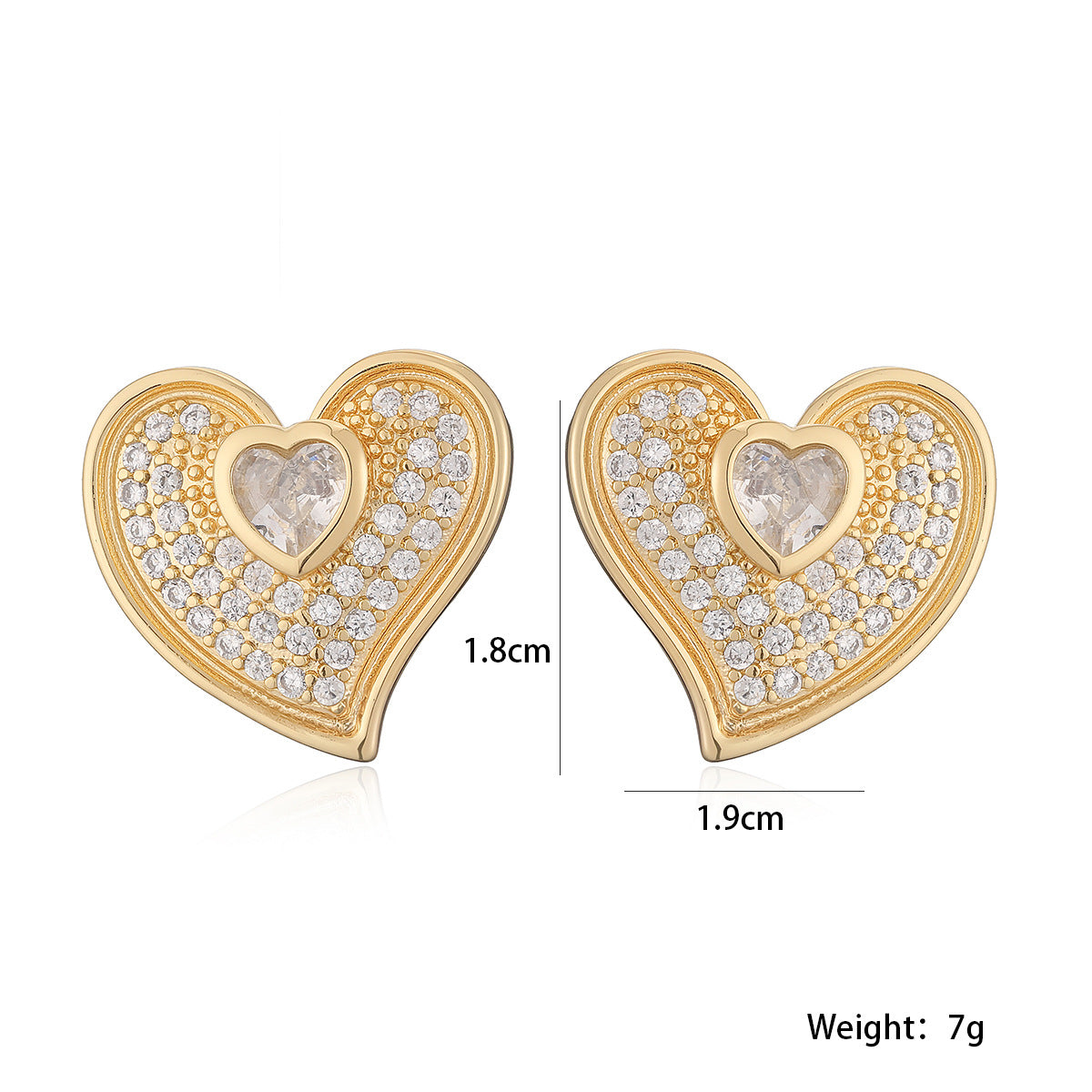 Orecchini a perno vintage da donna a forma di cuore con zircone, base in rame e placcatura in oro 18 carati