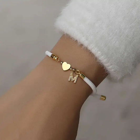 Minimalist Brass Plated Letter Heart Cubic Zirconia Bracelet with Adjustable Cord