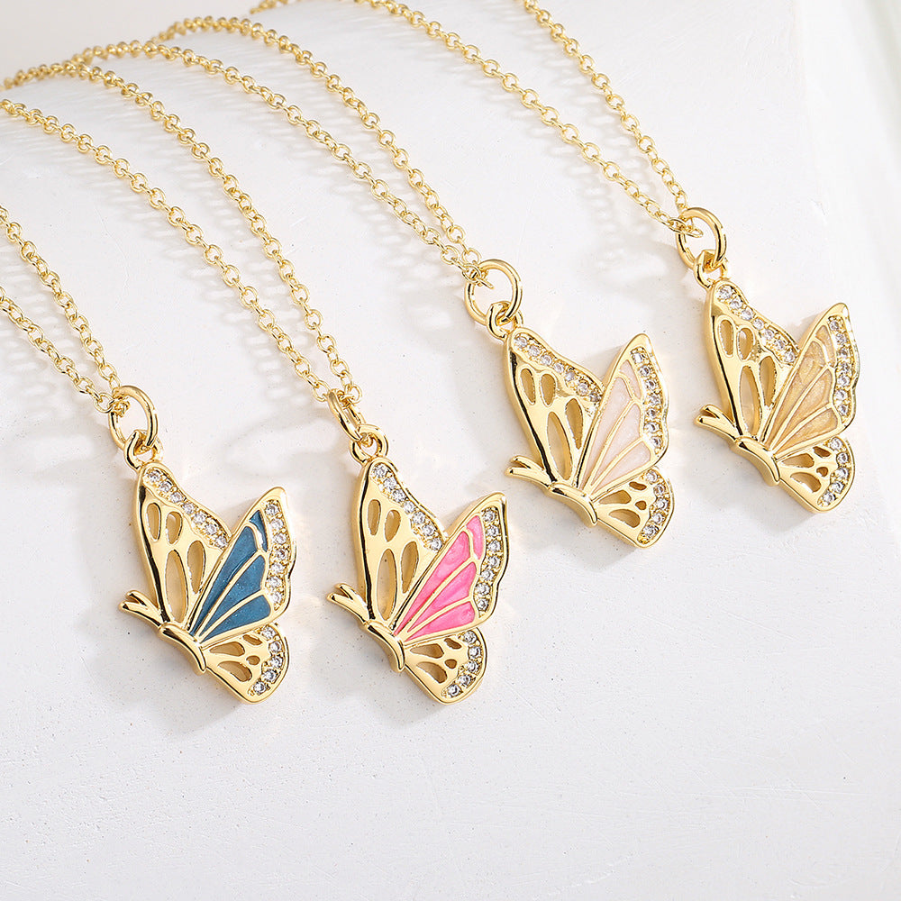 Minimalist Butterfly Pendant Necklace for Women with Copper Base Plated in 18K Gold and Enamel Finish Featuring Cubic Zirconia Accents