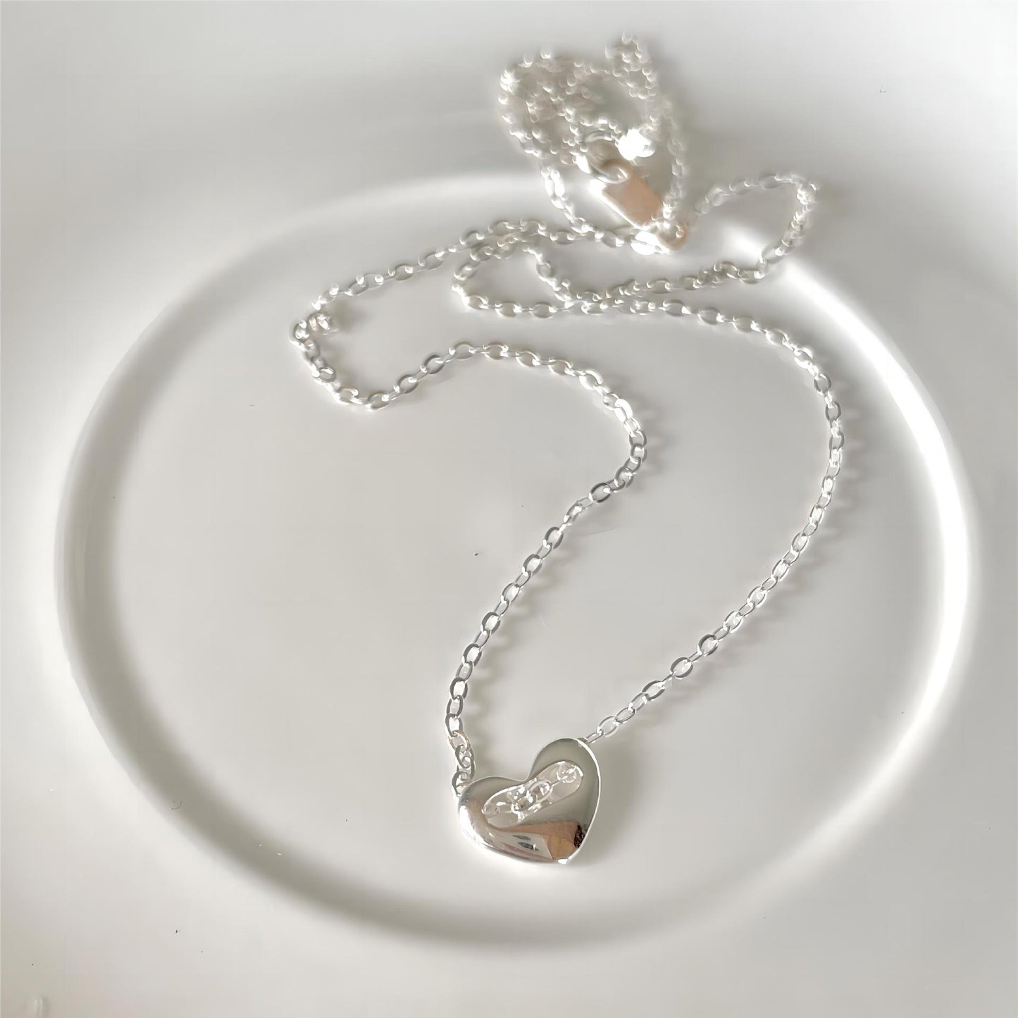 Minimalist Heart-Shaped 925 Sterling Silver Necklace with Rhodium Plating and Snake Chain for Women