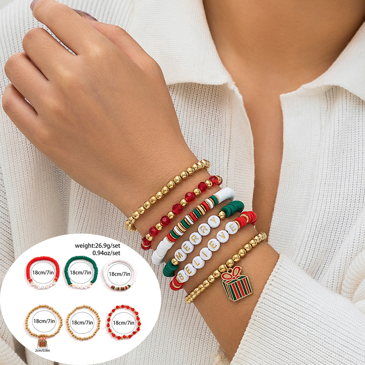 Set de pulseras de resina con forma de letra con motivos navideños de renos y campanas para mujer