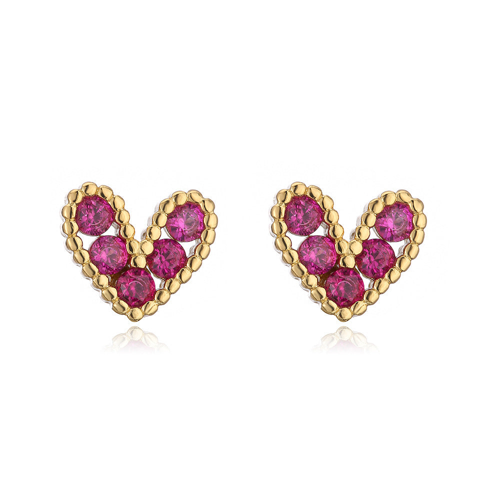 Minimalist 18K Gold Plated Brass Heart Stud Earrings with Cubic Zirconia for Women
