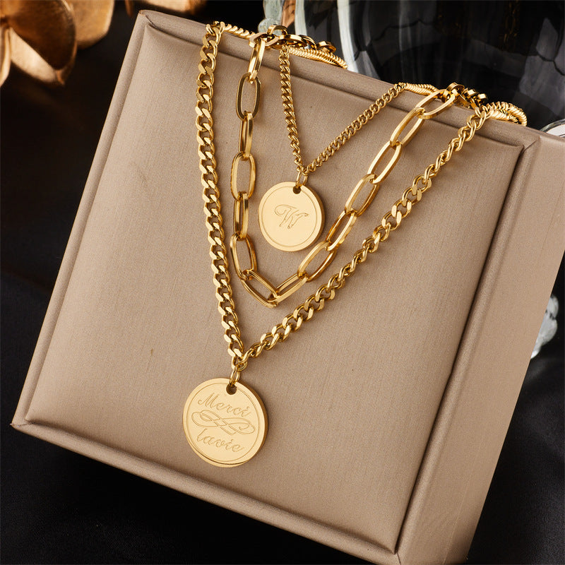 Vintage Luxury Gold Plated Heart Butterfly Round Stainless Steel Necklace with Pearl Multi-Layer