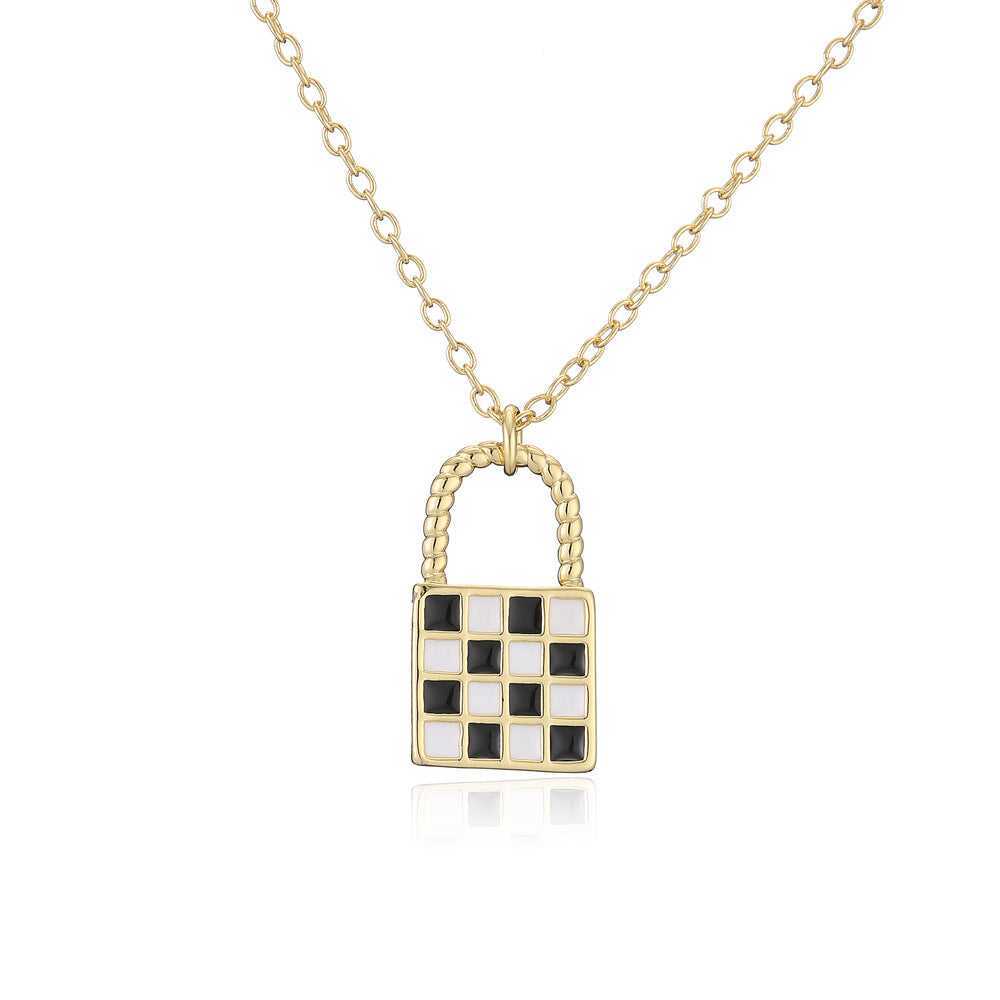 Minimalist Geometric Chessboard Pattern Gold Plated Copper Pendant Necklace