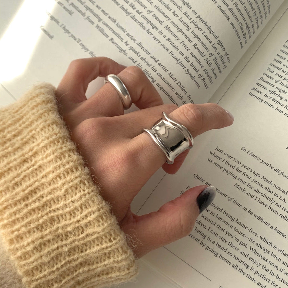 Minimalist 925 Sterling Silver Geometric Heart Wide Band Ring for Women