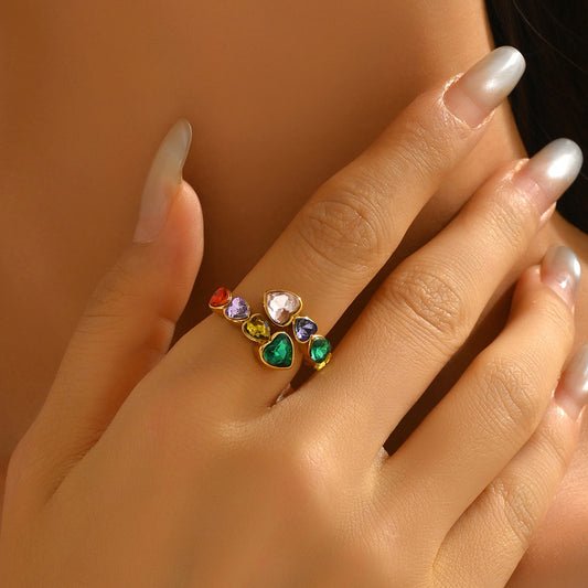 Geometric Heart-Shaped Copper Ring with Cubic Zirconia Inlay for Women Fashionable Open-Fit Index Finger Ring