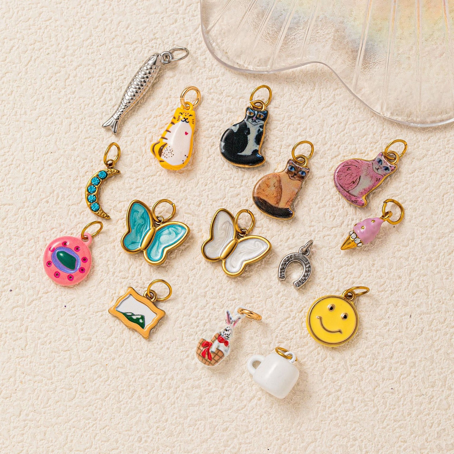 Cute Cartoon Cat Ceramic Drip Oil Plated Stainless Steel Charm Bar Pendant