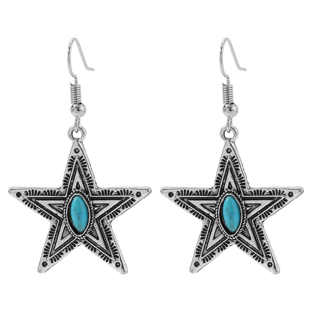 Pendientes étnicos de aleación con forma de estrella geométrica con incrustaciones de turquesa, diseño artístico vintage para mujer