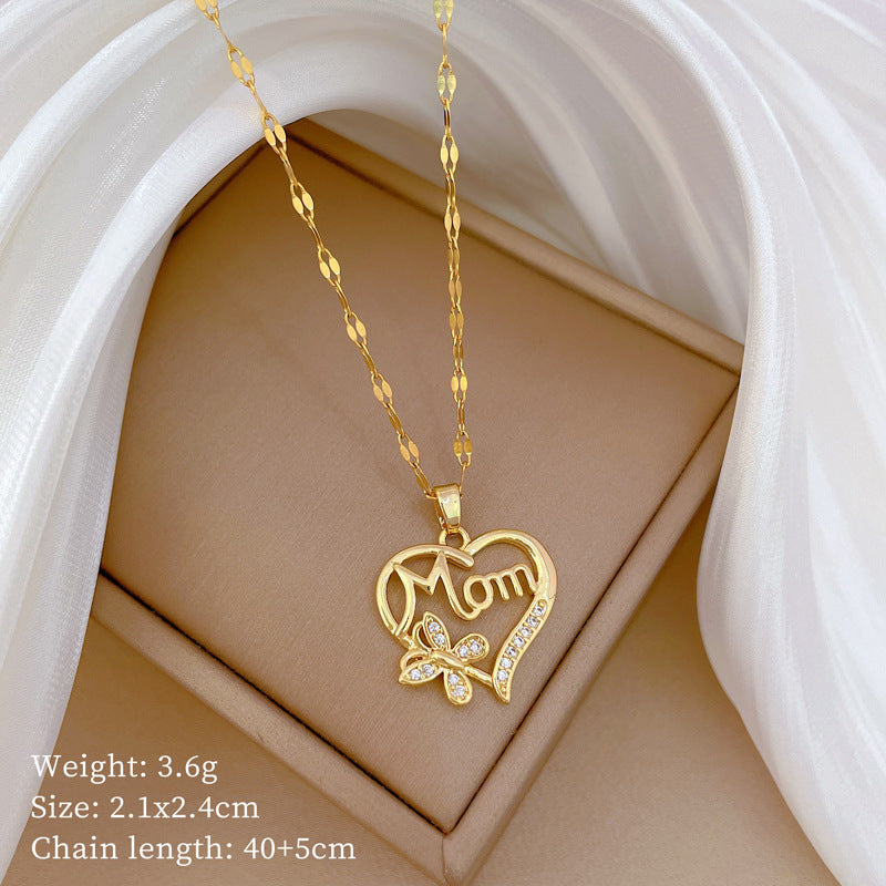 Minimalist Heart and Butterfly Pendant Necklace in Titanium Steel with Rhinestone Inlay for Women and Unisex Wear