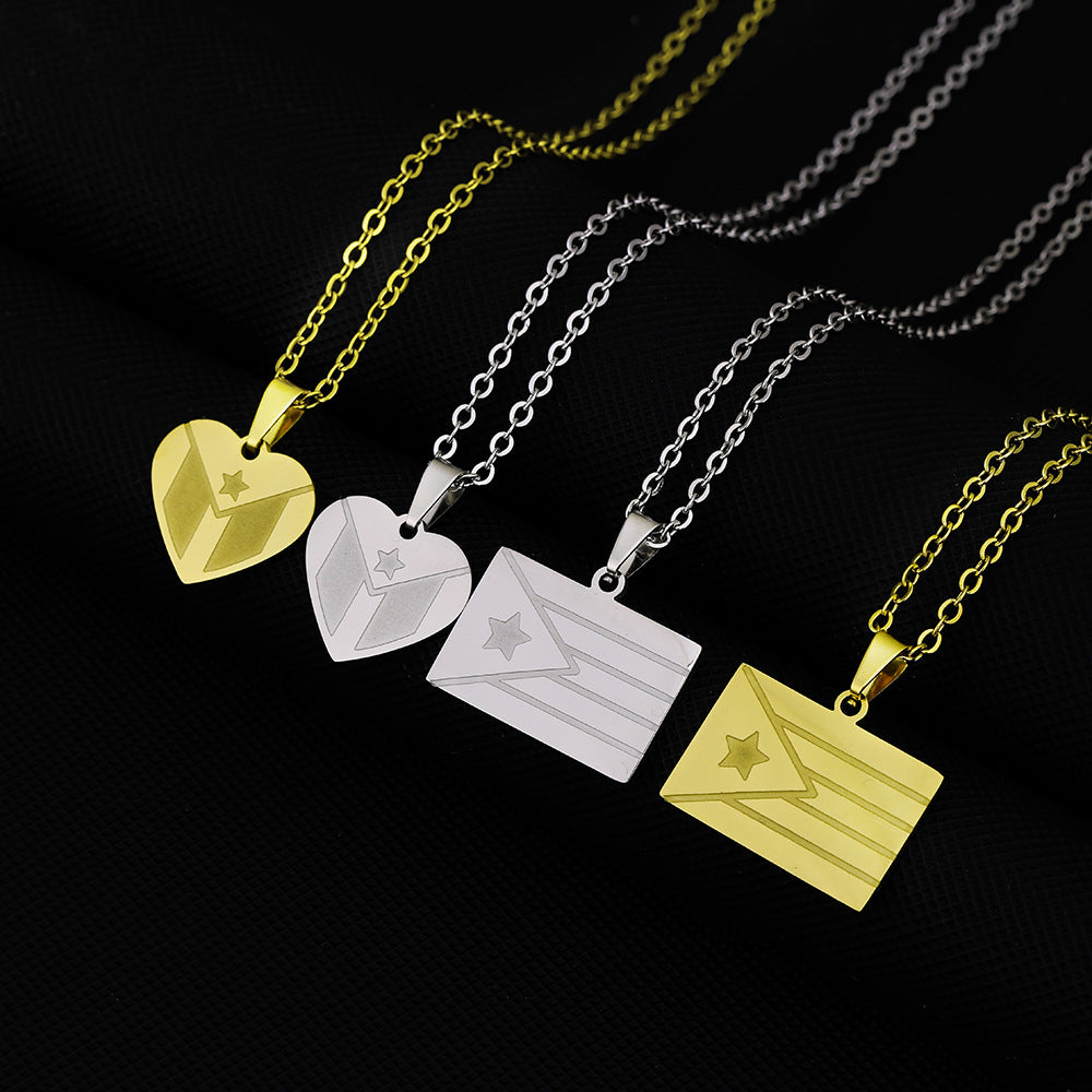 Collana con Ciondolo a Cuore a Bandiera di Porto Rico alla Moda in Acciaio Inossidabile con Finitura Placcata per Unisex, Stile con Catena a O