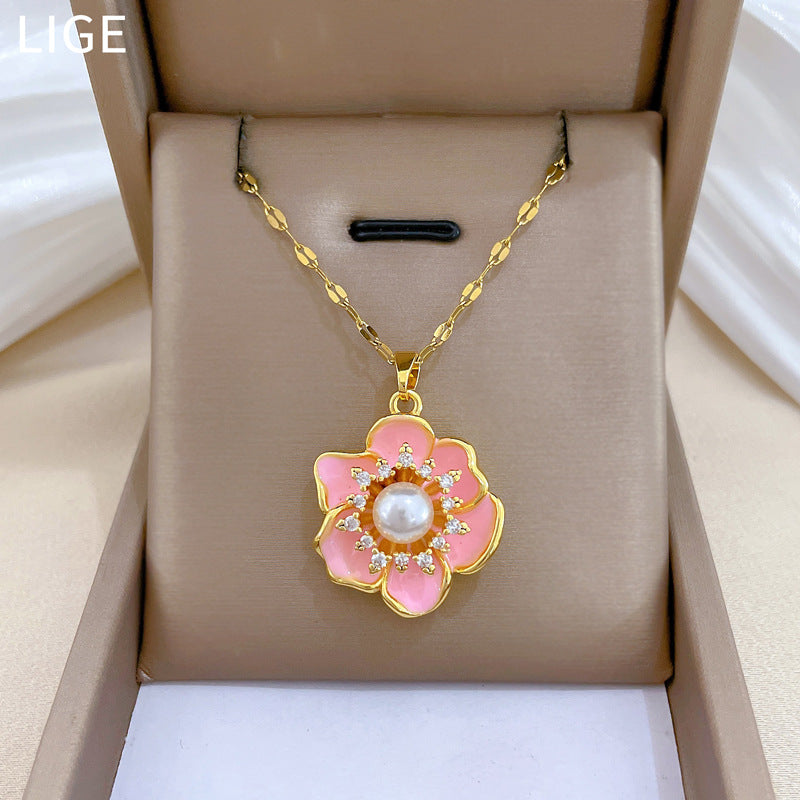 Sweet Luxury Pink Drip Oil Floral Rhinestone Titanium Steel Necklace for Unisex