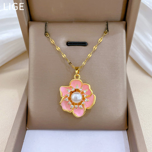 Sweet Luxury Pink Drip Oil Floral Rhinestone Titanium Steel Necklace for Unisex