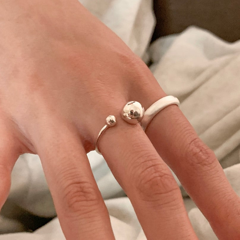 S925 Sterling Silver Geometric Ring with Round and Oval Beads Adjustable Open Band Minimalist Fashion Stackable Finger Ring for Women
