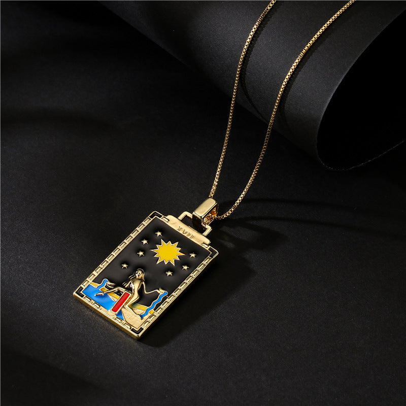 Vintage 18K Gold Plated Geometric Drip Oil Brass Pendant Necklace with Box Chain