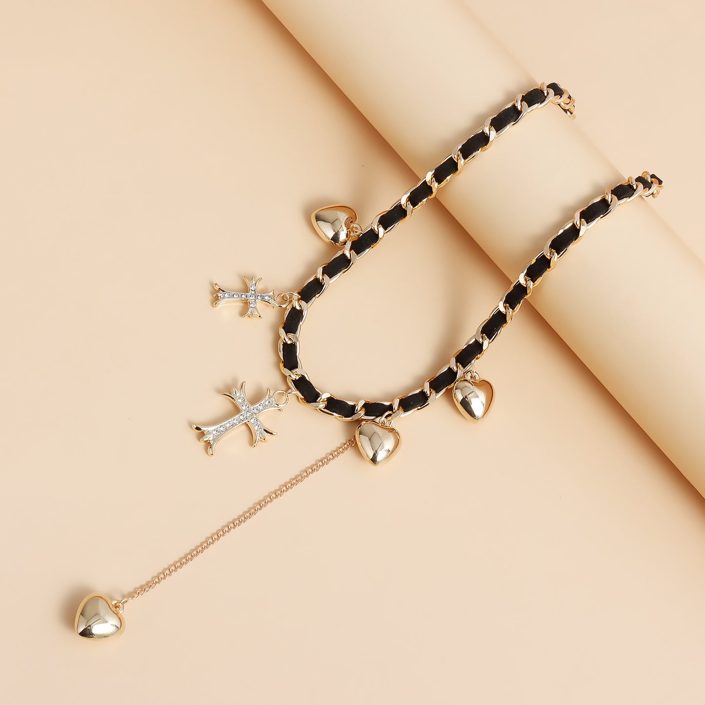 Vintage Style Heart and Cross Pendant Necklace with Plated Metal Choker Chain for Women