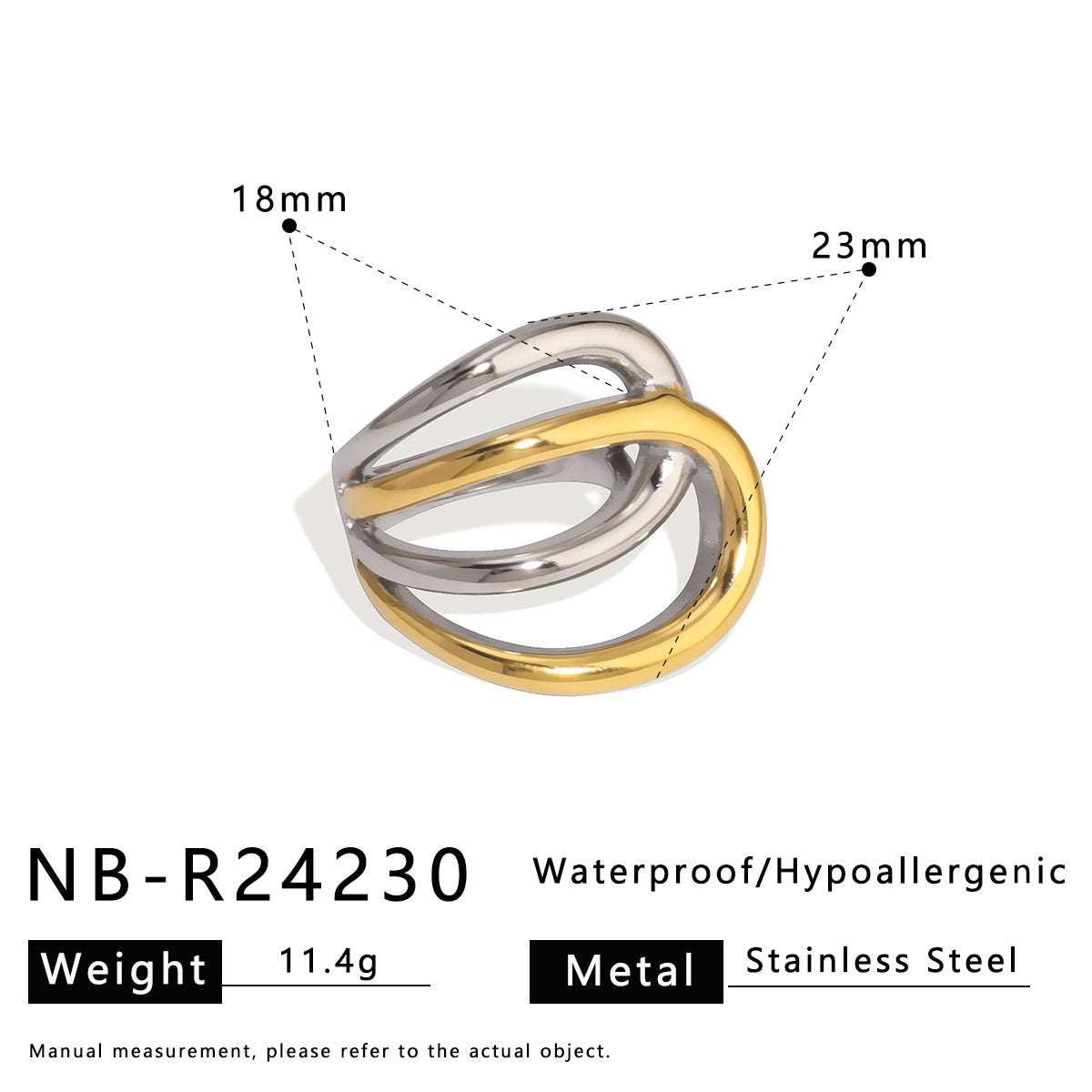 Asymmetrical Geometric Line Stainless Steel Ring for Women with Dual-Tone Plated Finish