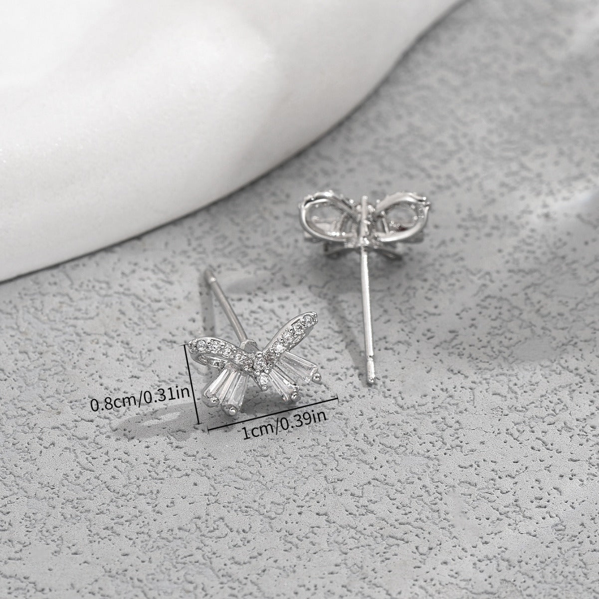 Minimalist Bow-Shaped Earrings with Zircon Inlay in Copper Base and Stainless Steel Posts for Women