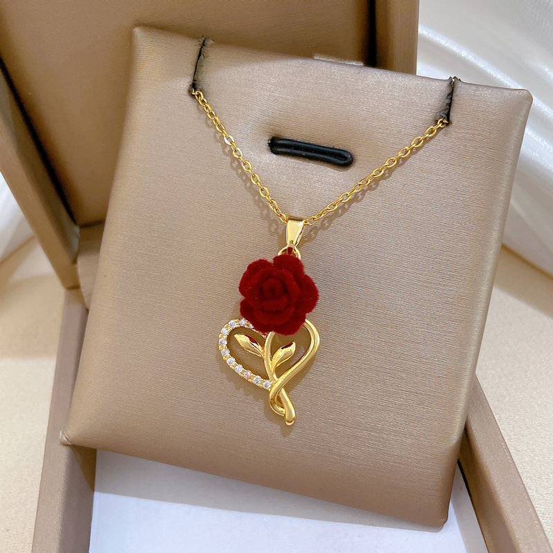 Sweet Elegant Heart Rose Rhinestone Titanium Steel Necklace for Women and Men