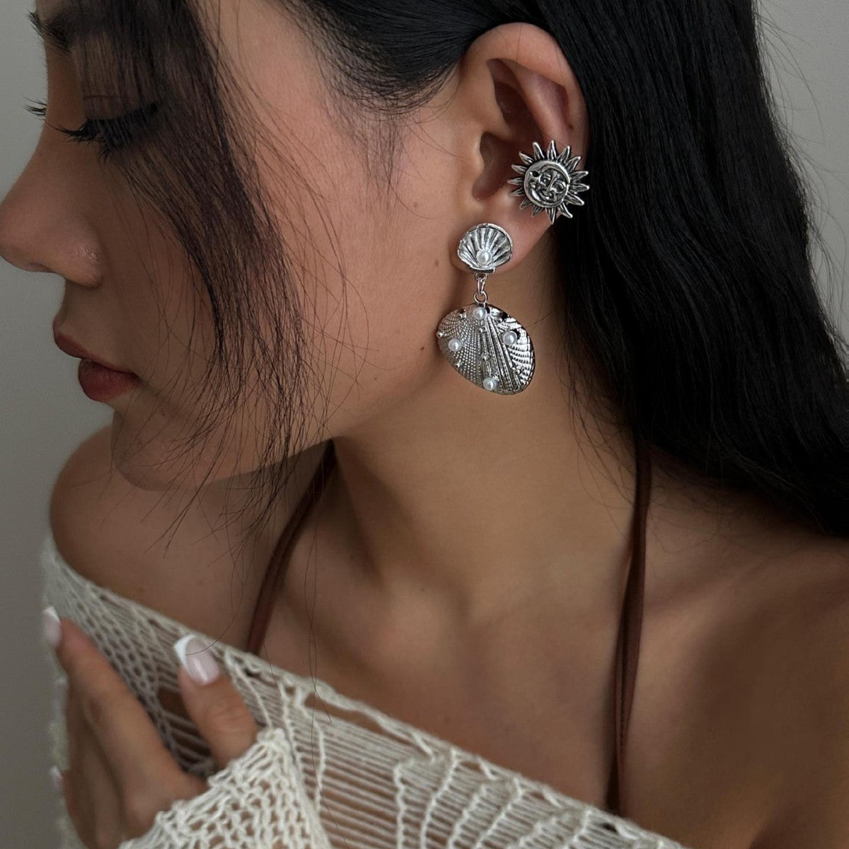 Orecchini a clip da donna conchiglia e stella marina placcati in lega, modello geometrico alla moda